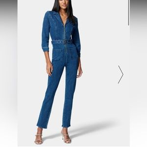 BEBE BELTED DENIM JUMPSUIT
